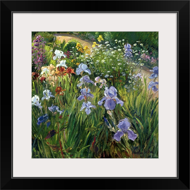 Large square floral art focuses on a variety of flowers at close range that includes irises and oxeye daisies against a ba...