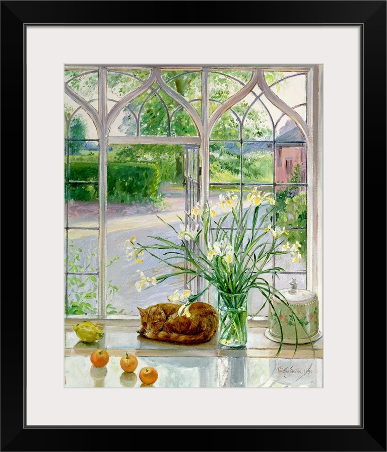 Contemporary artwork of a large vase of flowers that stands in front of a big window with a cat curled up beside it.