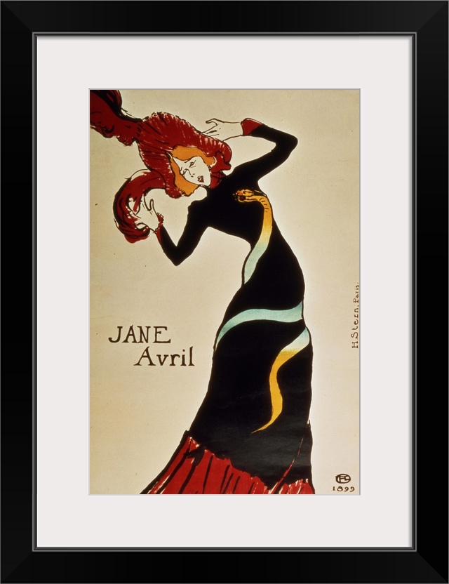 A large vertical piece of Jane Avril dressed in a black gown with a large red hat. She is slightly bent to the side from t...