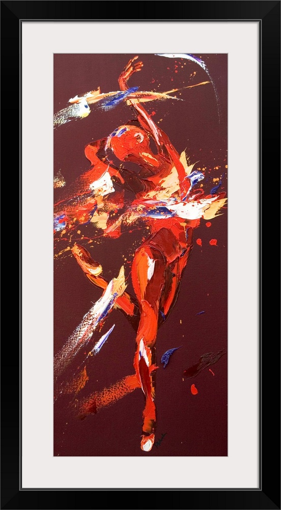 Contemporary painting using deep warm colors to create a woman dancing against a dark red background.