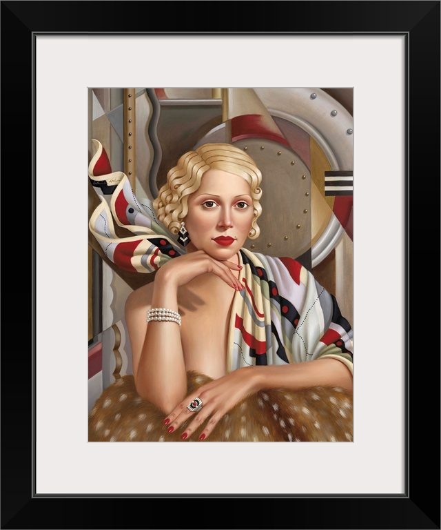 Contemporary art deco style painting of a woman with blonde hair against a geometric abstract background.