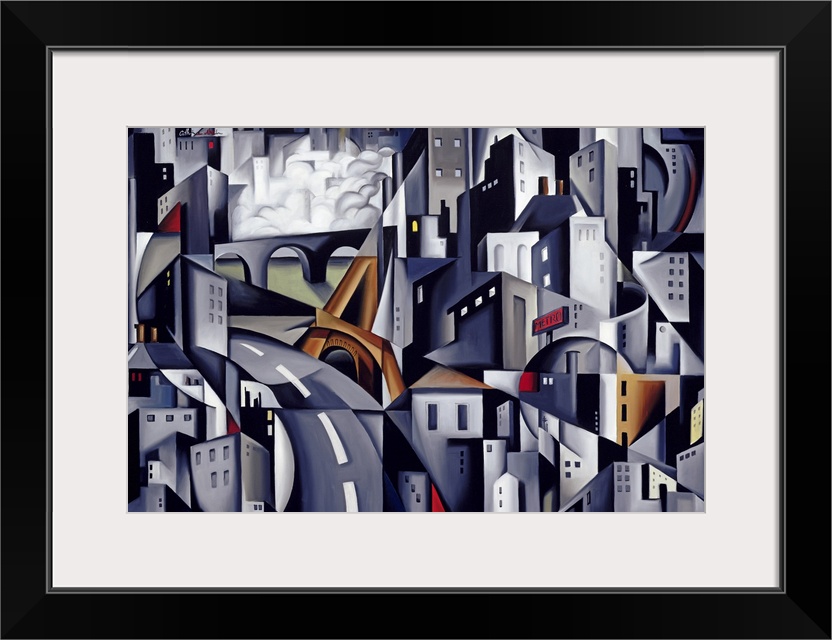 Abstract artwork of a city that has the buildings and streets pieced together with different shapes so as to give it a puz...