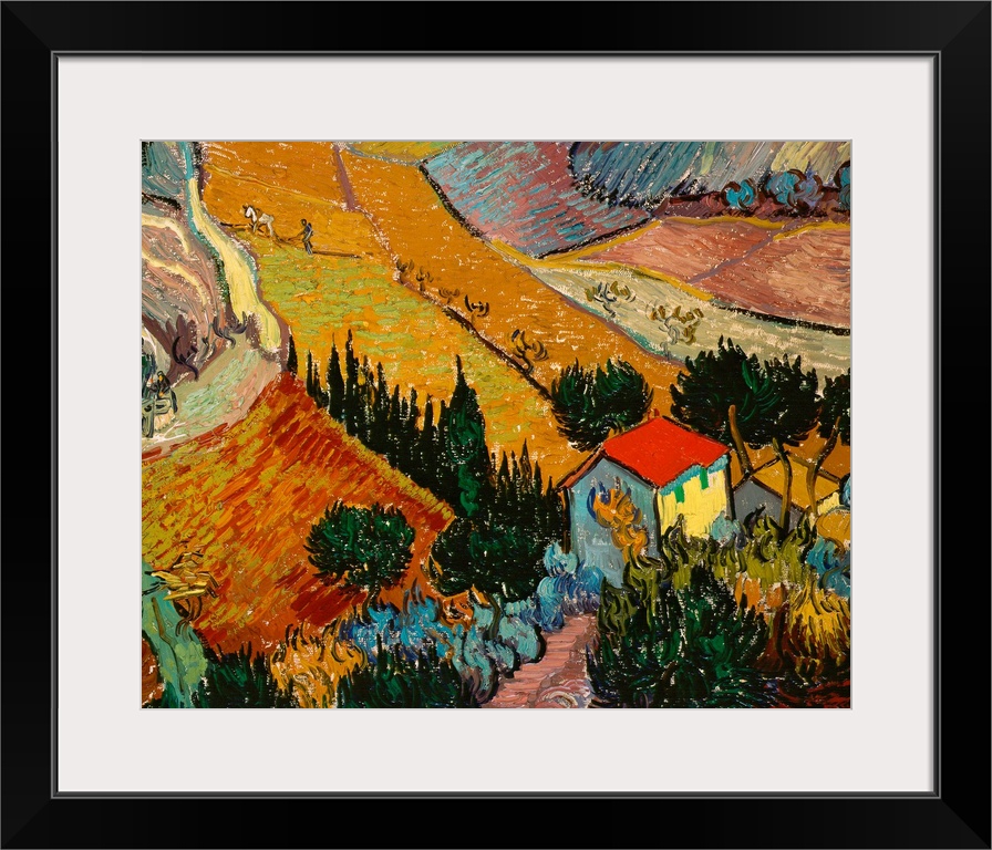 Big classic art depicts an aerial view of a man and horse plowing a field on a farm within a valley.  Surrounding the farm...