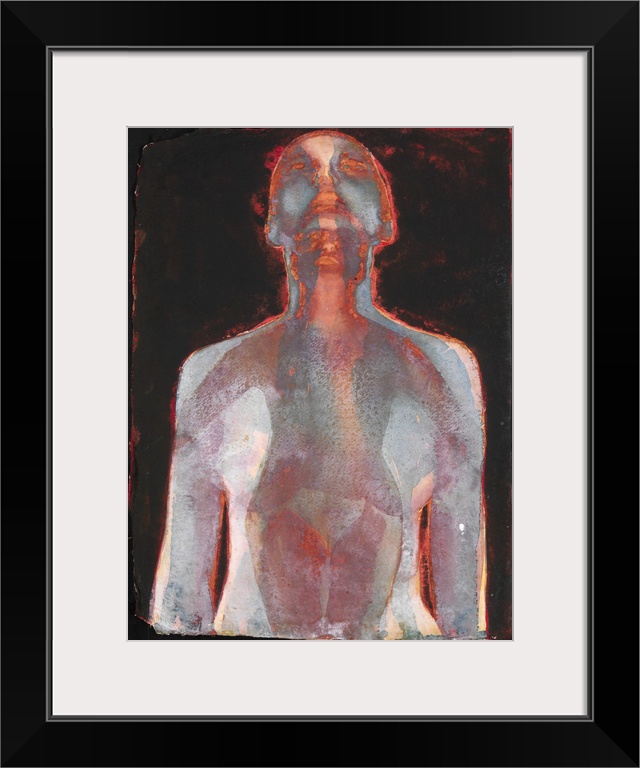 Contemporary painting of a nude figure in deep dark colors against a black background.