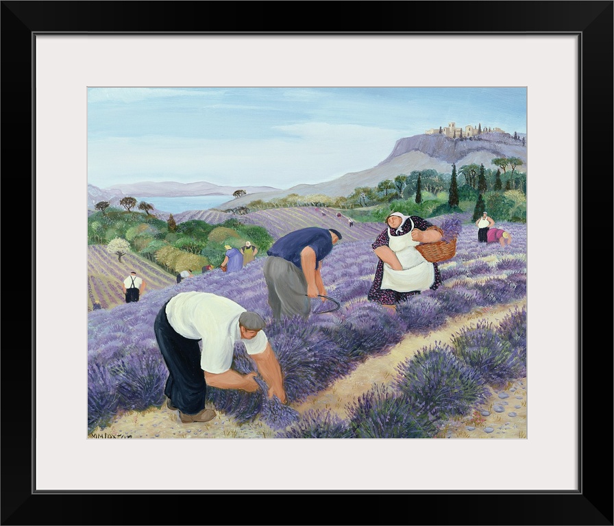 Contemporary painting of people harvesting lavender.