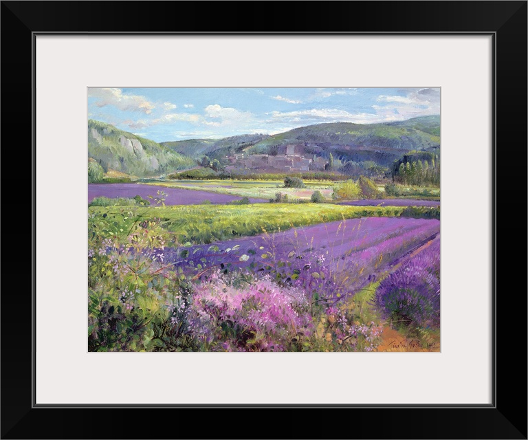 Big painting of fields of lavender with rolling hills in the background. Cooling tones are featured throughout the artwork.