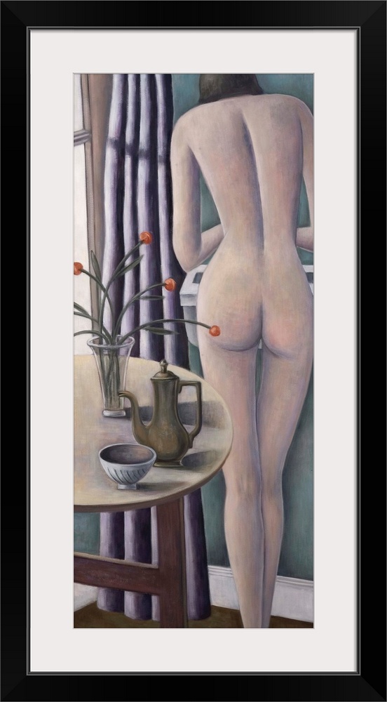 Contemporary painting of a nude woman standing beside a table.