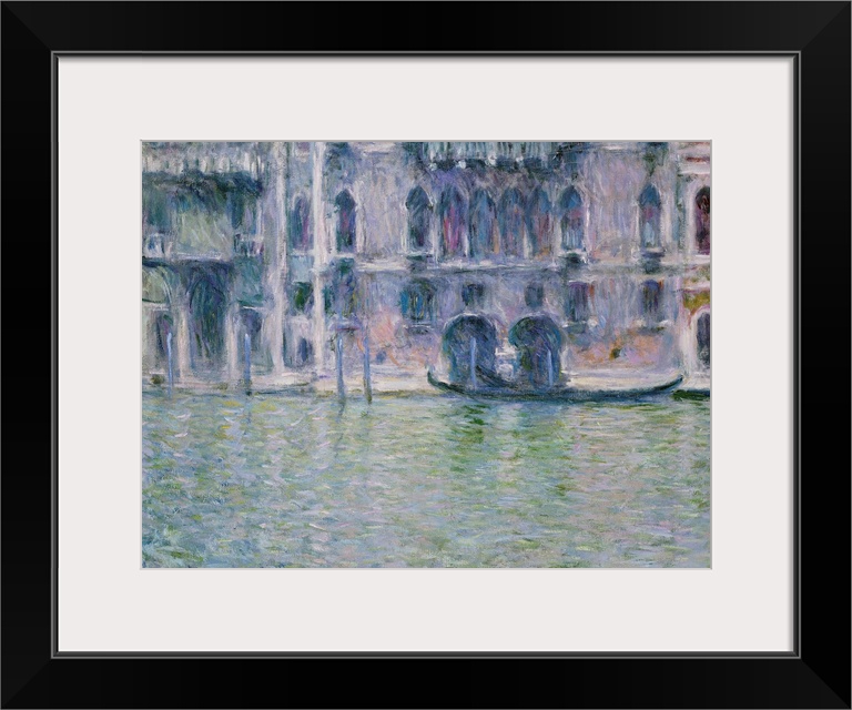 An Impressionist landscape of a manmade canal lined by historic buildings with elegant arched windows captured with soft, ...