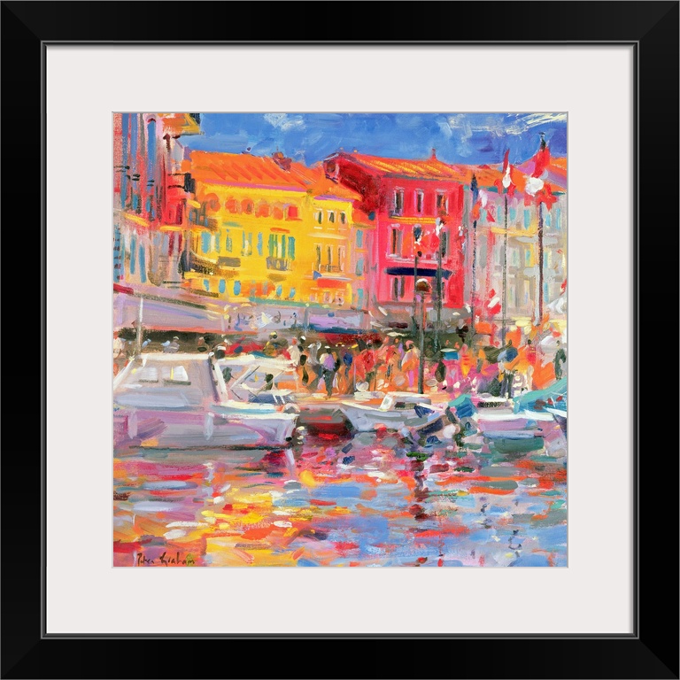 Contemporary abstract painting of boats in a canal with buildings a long of it made up of large brushstrokes.