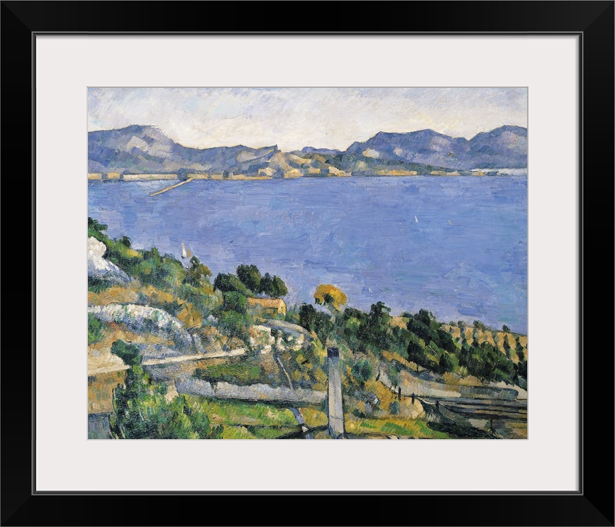 Landscape classic painting of the blue waters of the Bay of Marseilles.  Trees and rocks cover the shore, and mountains ca...