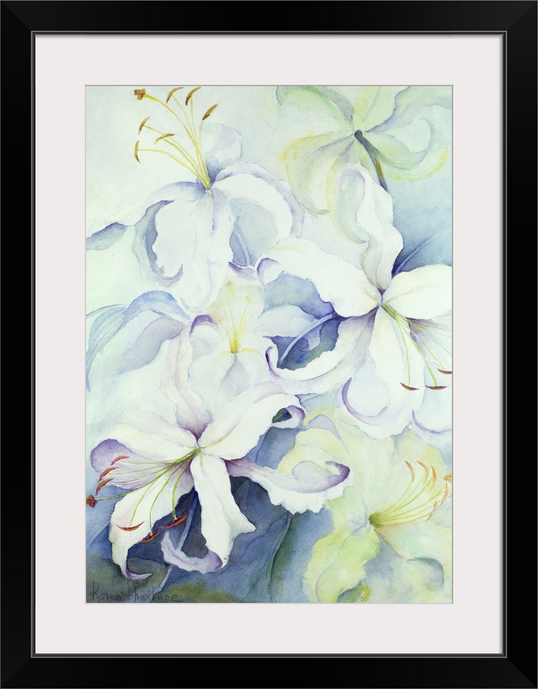 A piece of contemporary artwork that is a drawing of delicate white flowers with the center of the flowers bursting out.