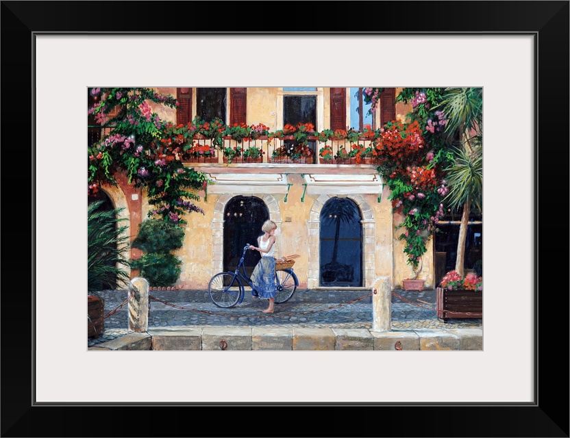 Big oil painting on canvas of a woman riding a bike through an Italian street.