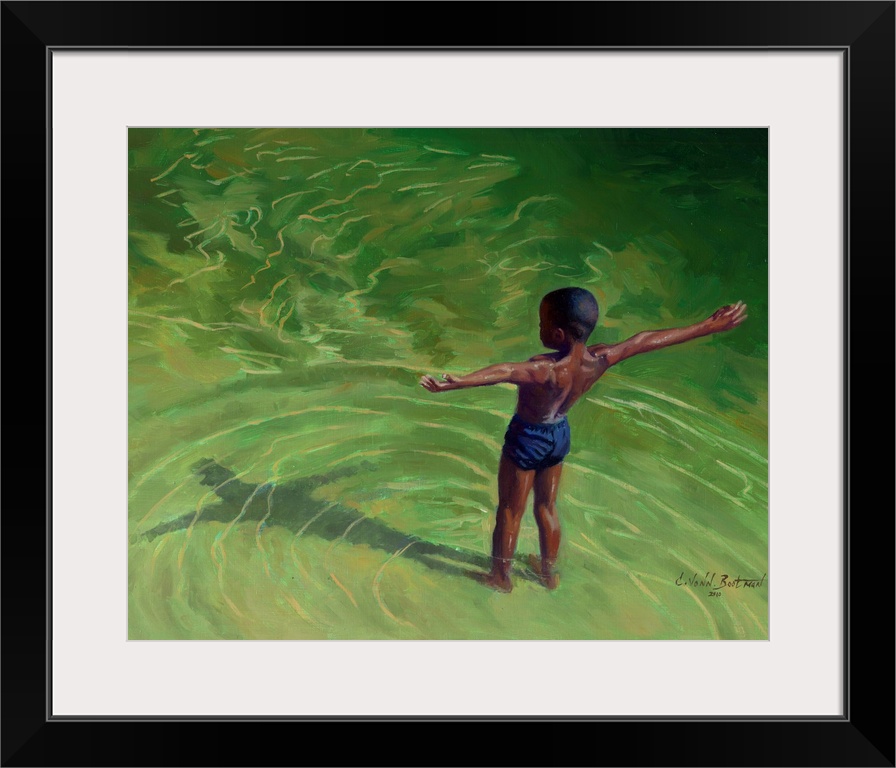 Contemporary painting of a young boy in shallow water looking at his shadow.