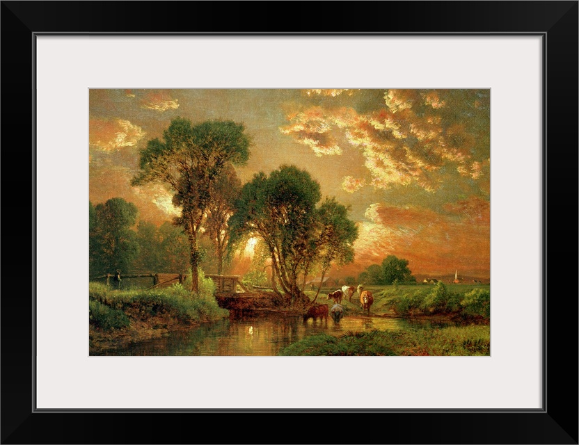 Landscape, classic art painting of cows drinking from a river at sunset, surrounded by trees, beneath a sky of billowing c...