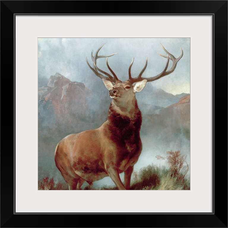 A square, landscape painting of a majestic stag posing in the mountains.