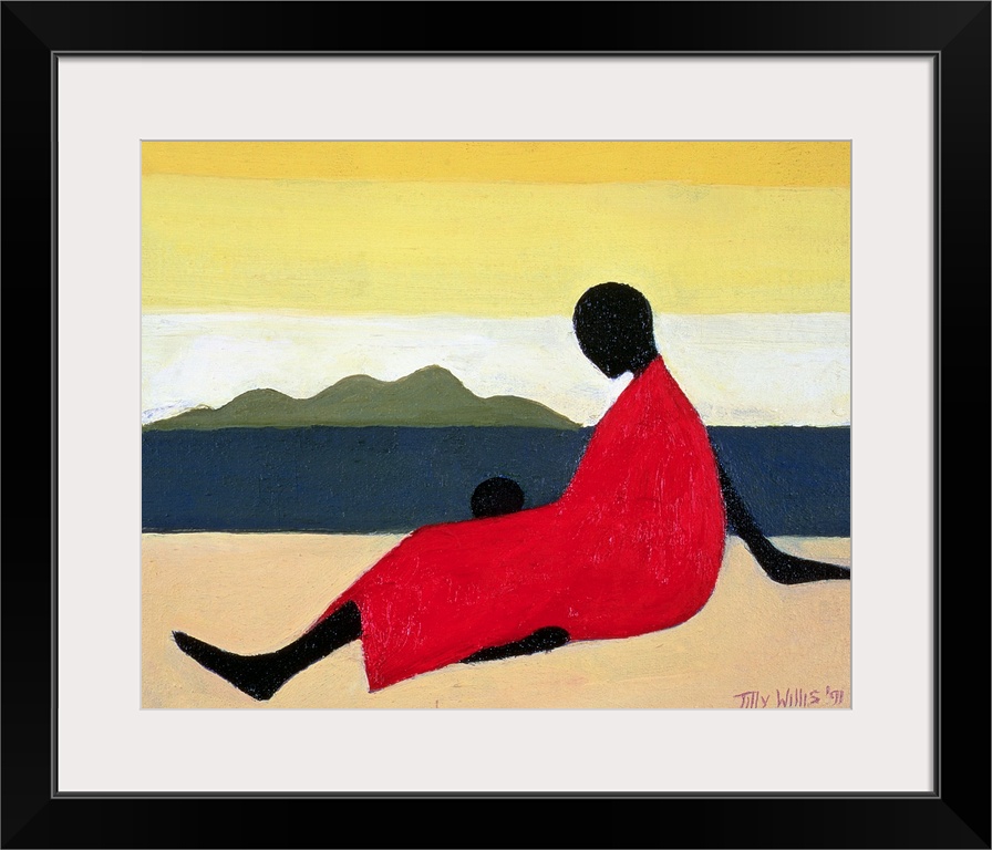 This contemporary geometric painting shows a stylized woman sitting on a beach with her child in this African-American art...