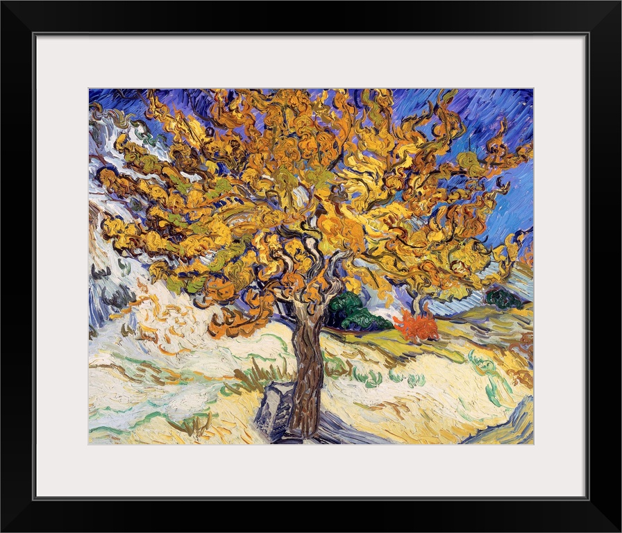 Writhing brush strokes depict the leaves and tree branches in this lively Impressionist landscape.