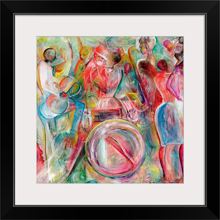 This contemporary art is an abstracting painting of African-American musicians playing jazz instruments in a crowd.