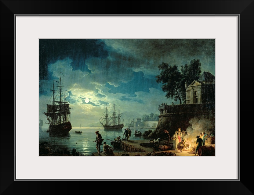 Oil painting of ships coming into a port at night with the ocean illuminated in moon light and people burning a fire on th...