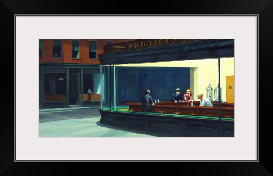 Painting of a view from outside of two men and a woman sitting inside at a diner bar drinking coffee on a New York street ...