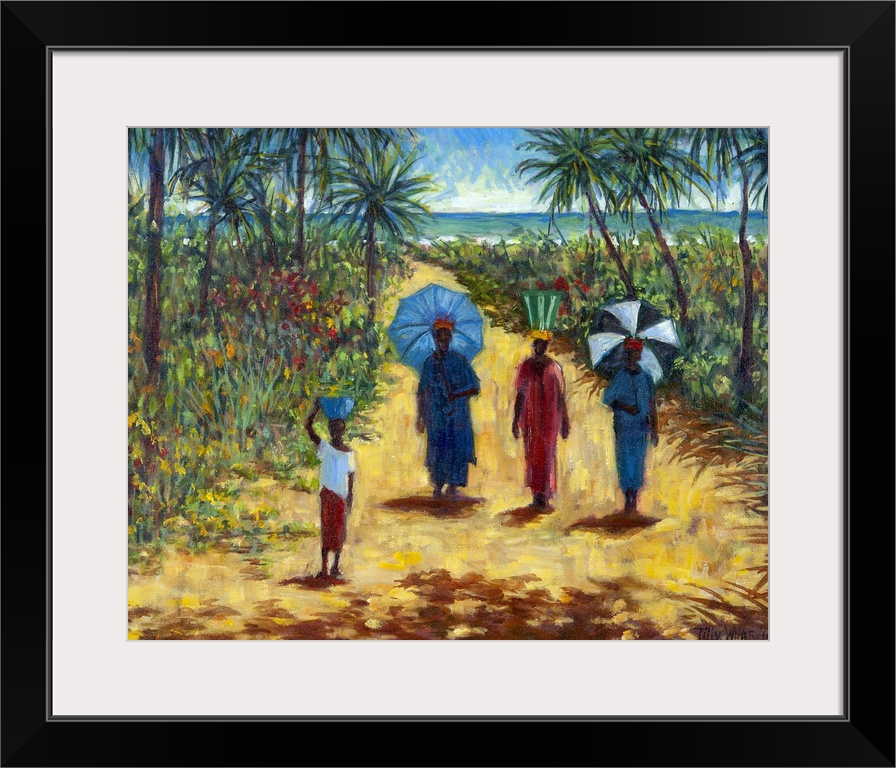 Large contemporary painting of four African figures walking on a sandy path in the tropics.