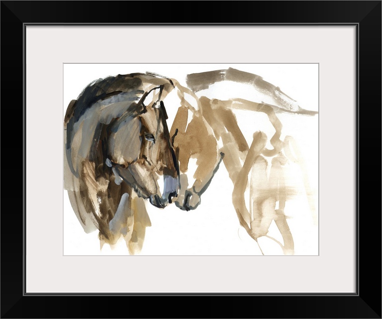Contemporary artwork of two Mongolian Przewalski horses nuzzling against a white background.