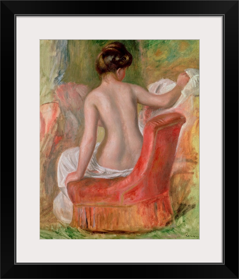 Vertical, classic painting of  the back of a woman, nude from the waist up, sitting on a chair.