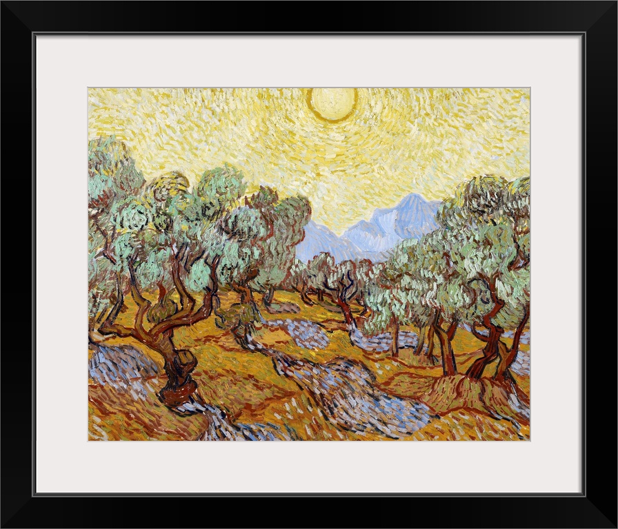 Classical painting of an olive grove with trees in rows and the blazing sun creating shadows on the ground.