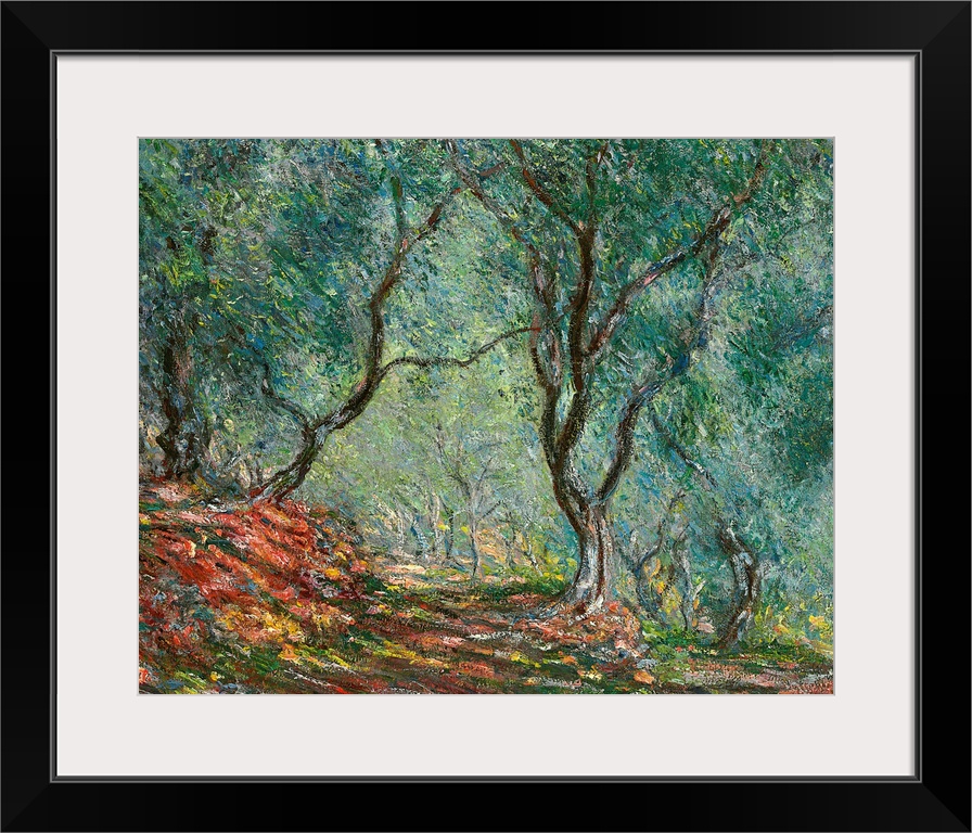 Giant classic art depicts a colorful path traveling down a forest littered with trees as far as the eye can see.