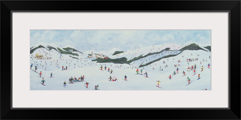 Contemporary painting of people enjoying  the snow in a hilly landscape.