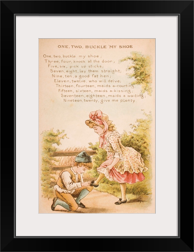 Nursery rhyme and illustration of One Two Buckle My Shoe from Old Mother Goose's Rhymes and Tales. Illustrated by Constanc...
