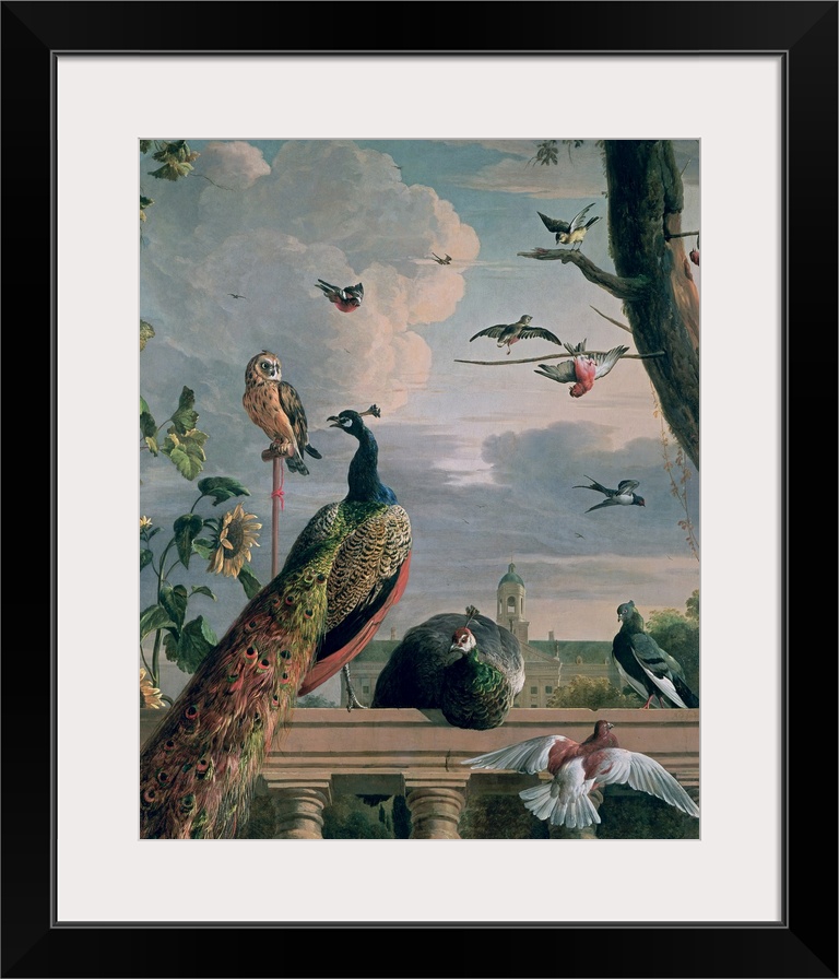 This is a vertical painting of a 17th century outdoor menagerie of birds gathering on a porch railing and in a near by tree.