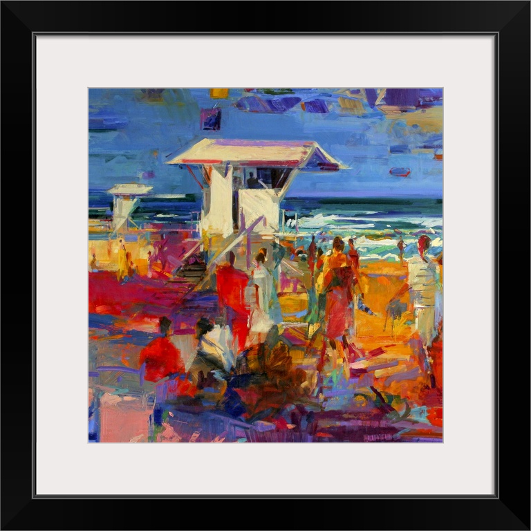 Contemporary artwork of crowds of people on the beach surrounding lifeguard houses. A variety of colors are used for the b...