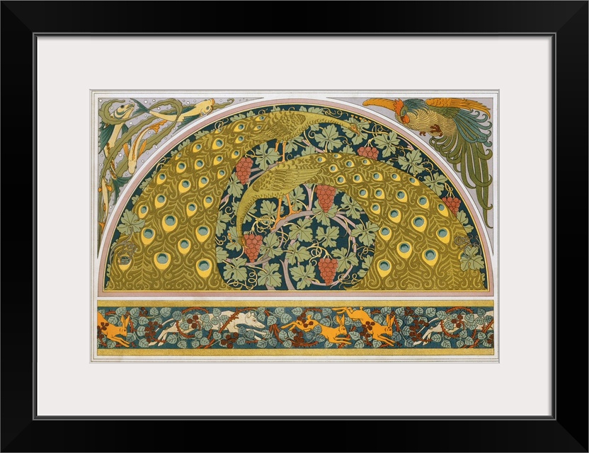 Originally a colour lithograph. Designs For Borders And Corners: "Hares And Dogs In Brambles", Peacocks Amongst Vines With...