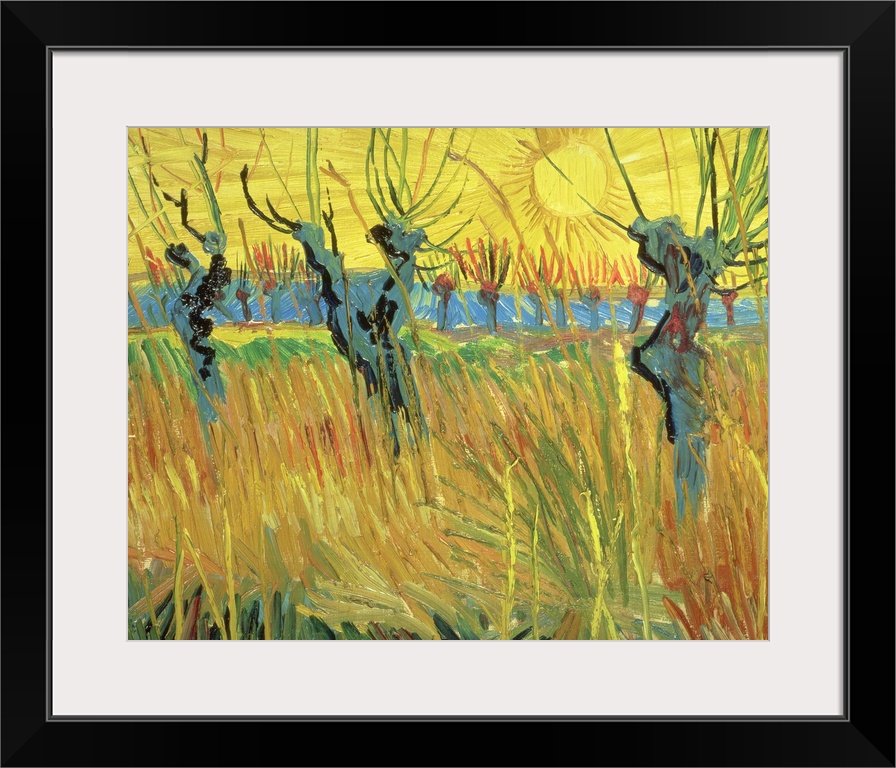 Classical art painting of willow trees sticking up in high grass as the sun sets in the background.