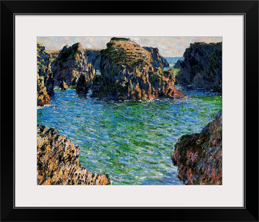 Big oil painting on canvas of large rock formations surrounded by water in the ocean.