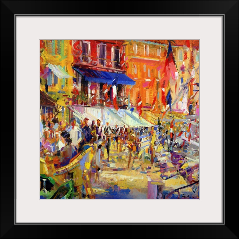 Colorful bright oil painting of street carnival with flags blowing in the wind.