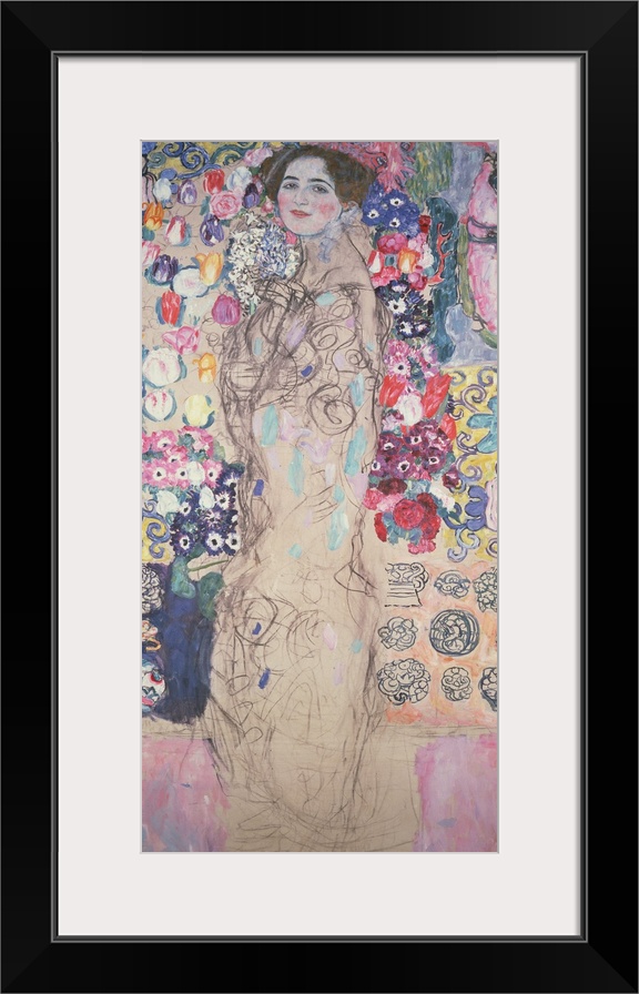 Large, vertical classic art on canvas of an unfinished portrait of Maria Munk against a background of various objects and ...