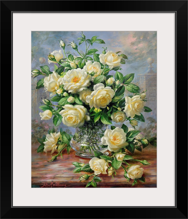 Large floral art portrays an arrangement of flowers as they sit within and around a glass container that stands on a woode...