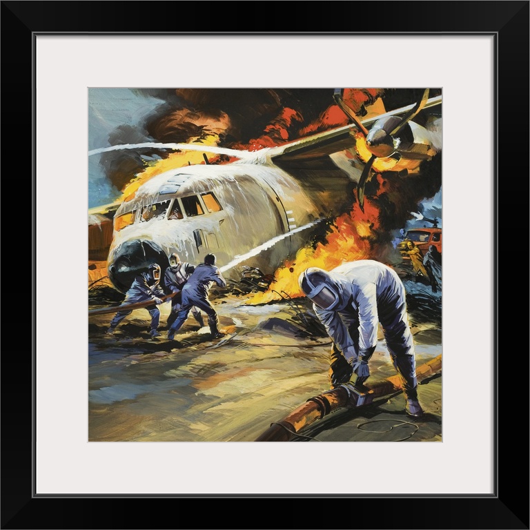 Putting out a fire after an aircraft accident. Original artwork for Look and Learn.