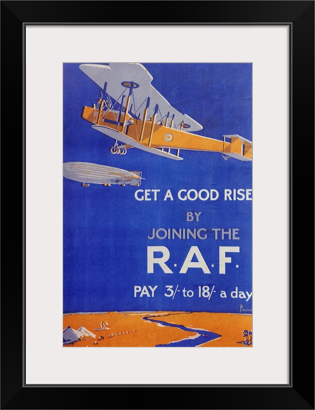 R. A. F. recruitment poster depicting a biplane and zepplin c. 1918. Caption reads: 'Get a good rise by joining the R. A. ...