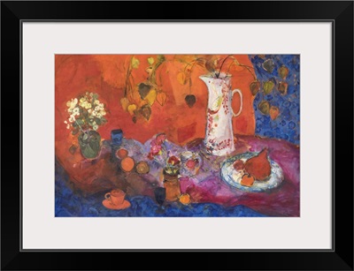 Red Still Life With White Jug And Fruit