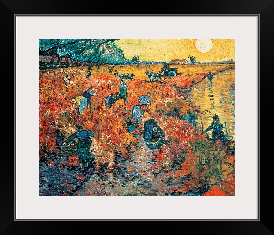 Impressionist painting of farm workers harvesting grapes in the late afternoon