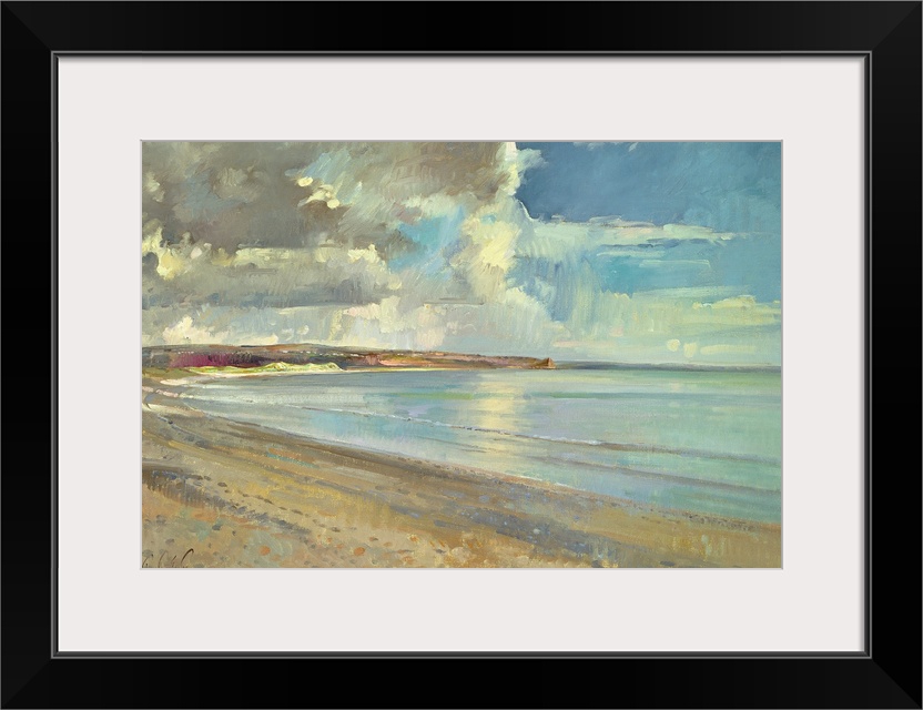 A contemporary, realistic landscape painting of a sandy beach on a partially cloud day.
