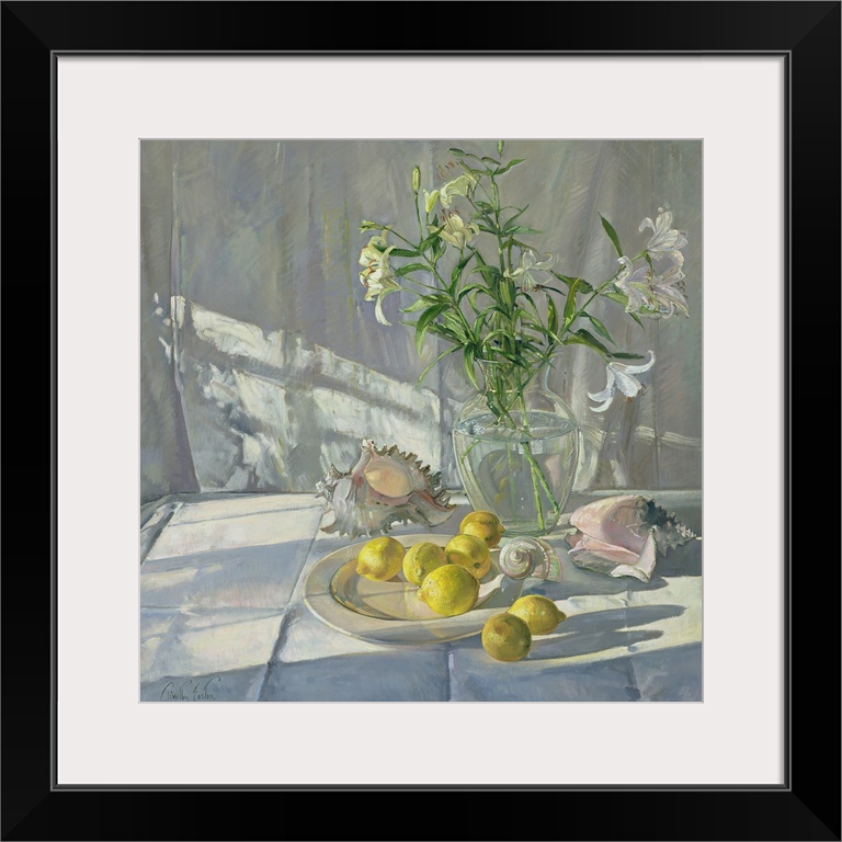 Square oil painting of flowers in a vase with sea shells scattered around and lemons on a plate.