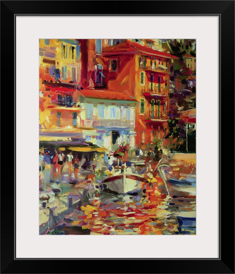 Artwork for the home or office with colorful buildings drawn in the background sitting on a river with boats standing in t...
