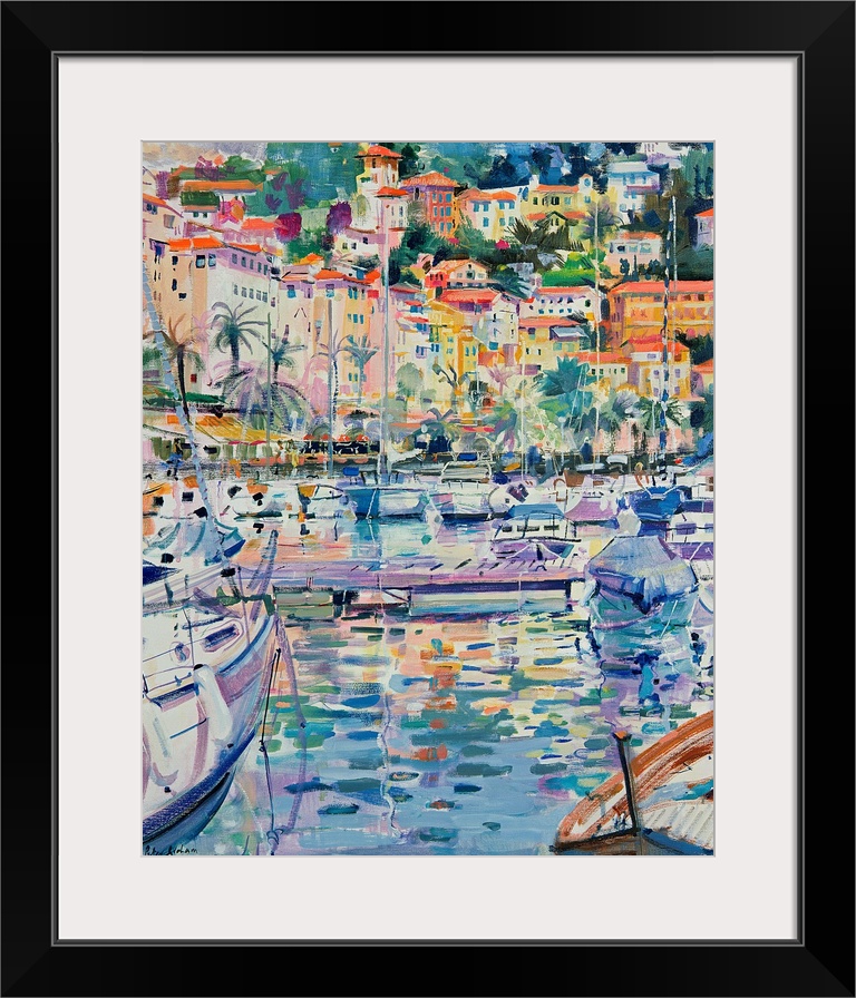 Colorful contemporary oil painting of a Mediterranean harbor filled with sailboats with city in the distance.