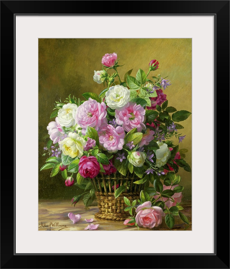Contemporary drawing of a wicker vase full of soft roses spilling on to the floor.