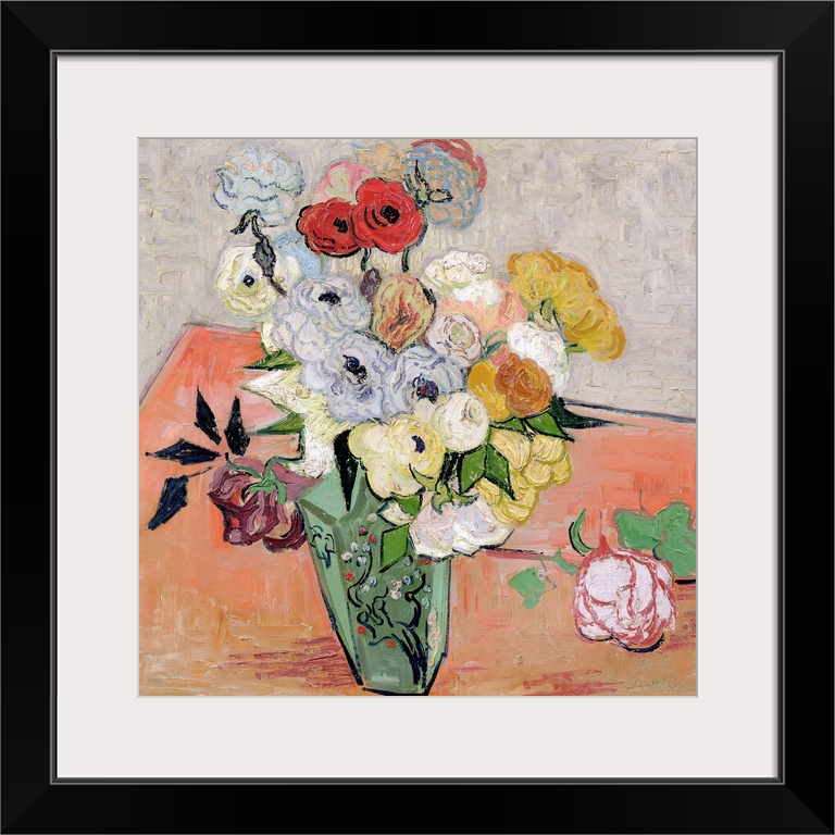 Big classic art depicts an arrangement of flowers within a decorated vase sitting on a table.