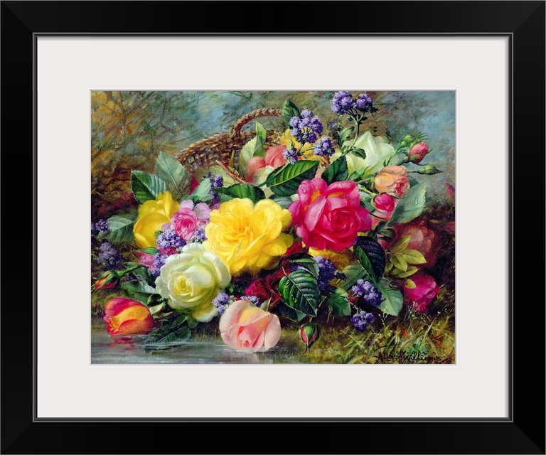 Huge floral art shows a large arrangement of brightly colored flowers as they have fallen out of a basket and sit at the e...